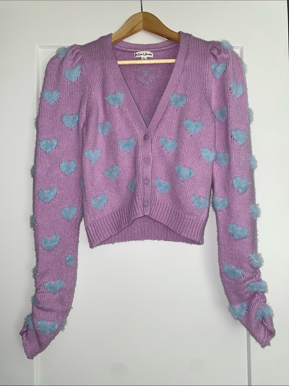 For Love and Lemons Lavender Cardigan with Blue Heart Accents